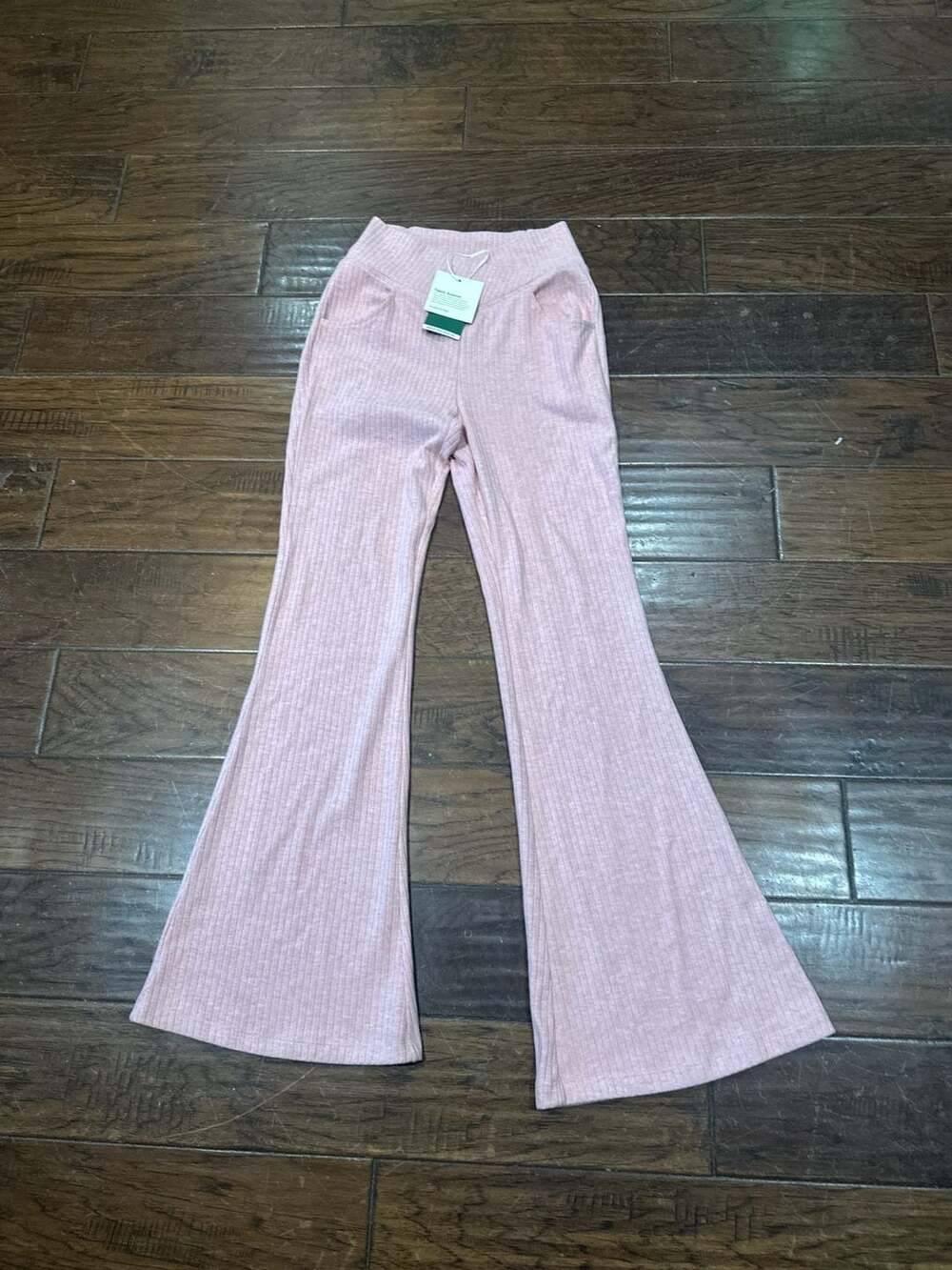 Halara Ribbed Knit Crossover High Waisted Side Pocket Flare Pants Pink Size S